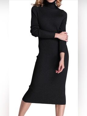 Rocorose Classic Turtleneck Knit Midi Dress, Ribbed, Black, Bodycon, Long Sleeve